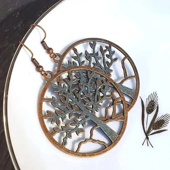 Antique Copper Verdigris Blue Green Patina Open Tree of Life Earrings - Picture 1 of 7